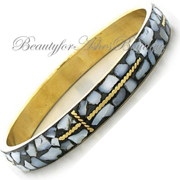 Beauty for Ashes Jewelry - Mosaic Faux Grey Stone Rustic Antique Gold Cross Christian Bangle Bracelet